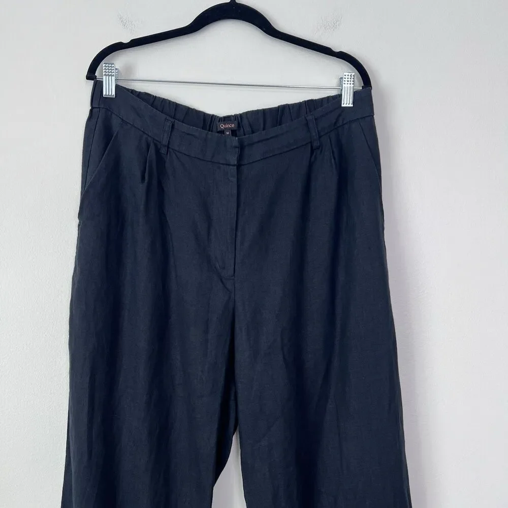 Quince 100% European Linen Pleated Trousers Black Size 14 Wide Leg High Rise